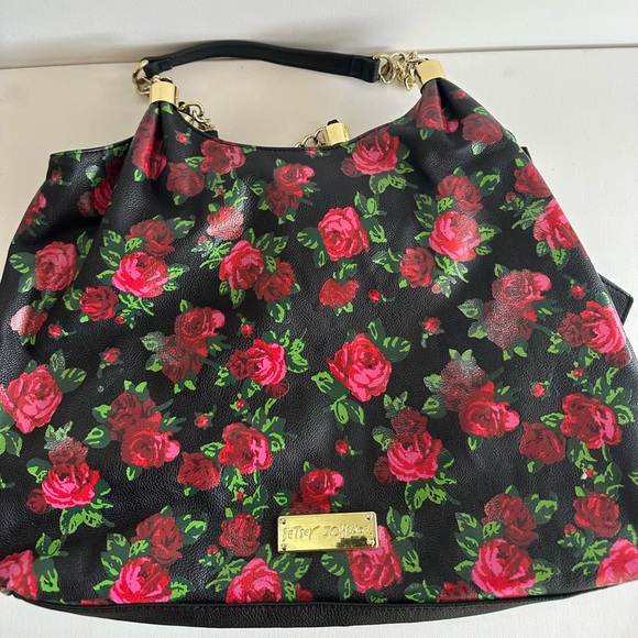 Betsey Johnson Oversized Bow Chain Drop Handle Red Roses Slouchy Hobo Bag - Picture 11 of 16